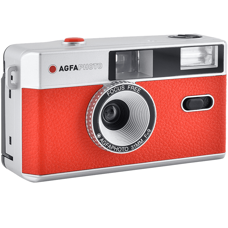 AgfaPhoto reusable compact analogue camera for instant photos, shown with its sleek design and lens.