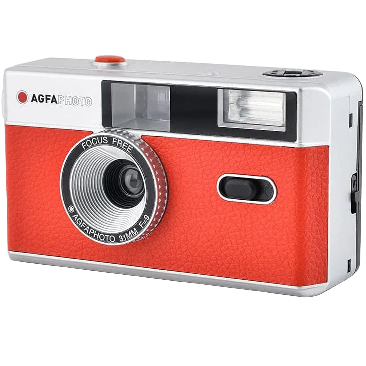 AgfaPhoto Reusable Compact Camera with black body and silver accents, designed for instant film photography.