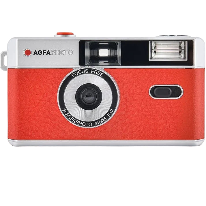 AgfaPhoto reusable compact analogue camera for instant photos, black with silver accents, ready for capturing moments.