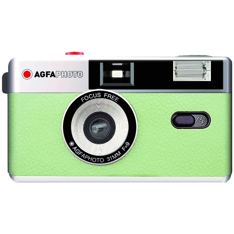 AgfaPhoto reusable compact analogue camera with black body, designed for instant film photography.