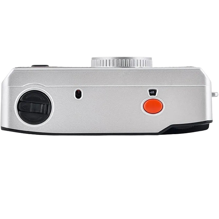 AgfaPhoto reusable analogue compact camera for instant photos, black and silver design with a built-in viewfinder.