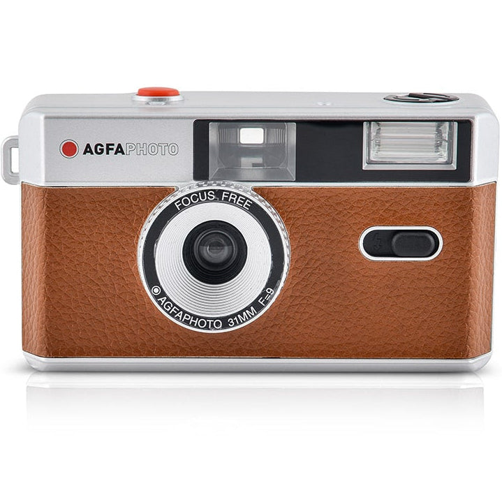 AgfaPhoto Reusable Compact Camera for instant photos, black plastic body with silver accents, ready for film photography.