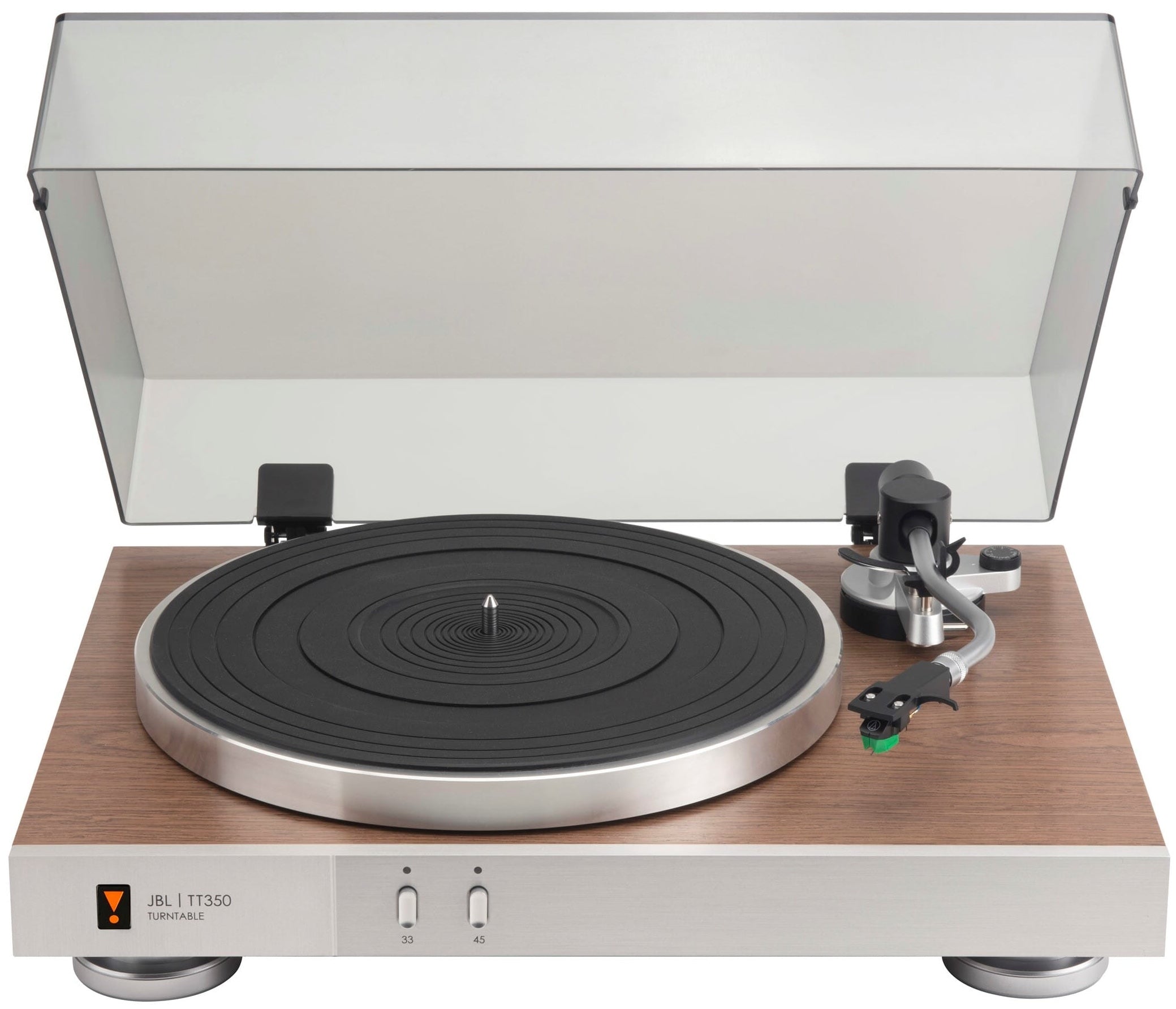 JBL TT350 turntable with a sleek black design, featuring a tonearm and platter for vinyl record playback.