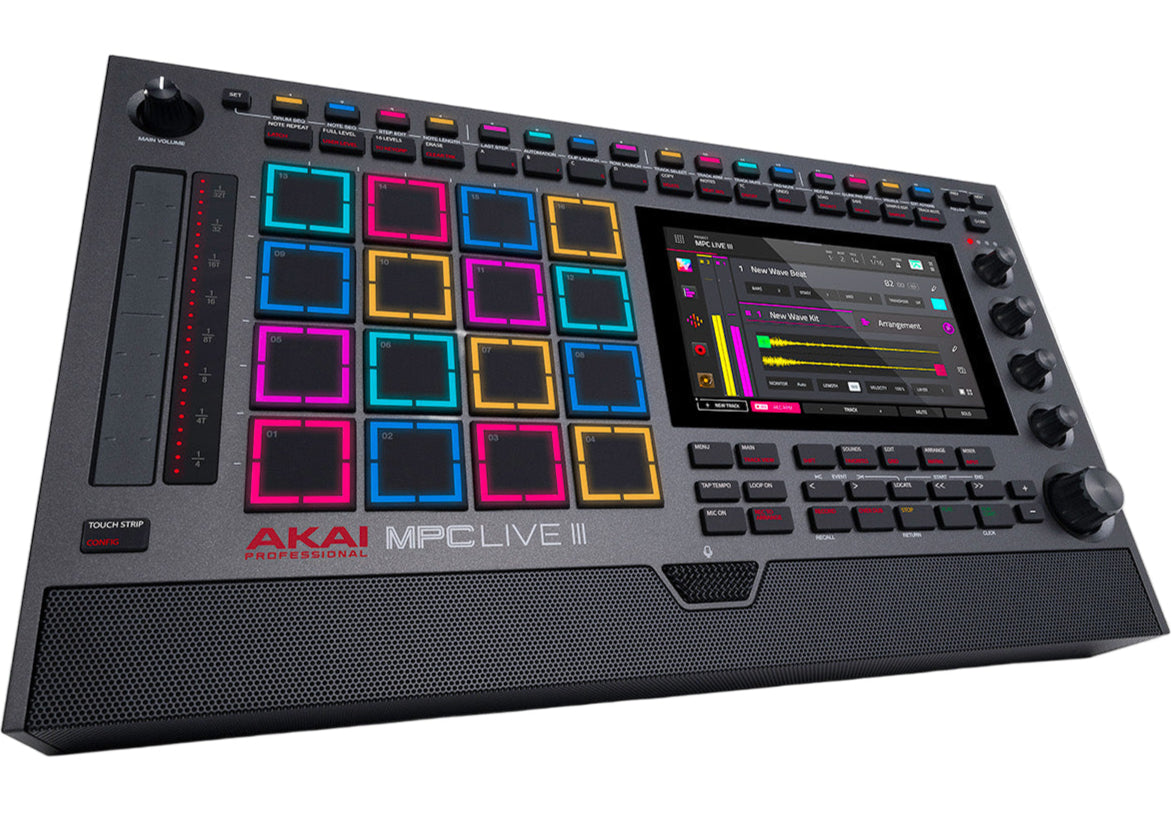 Akai Professional MPC Live III drum machine and sampler with touchscreen display and built-in controls, shown from an angled perspective.