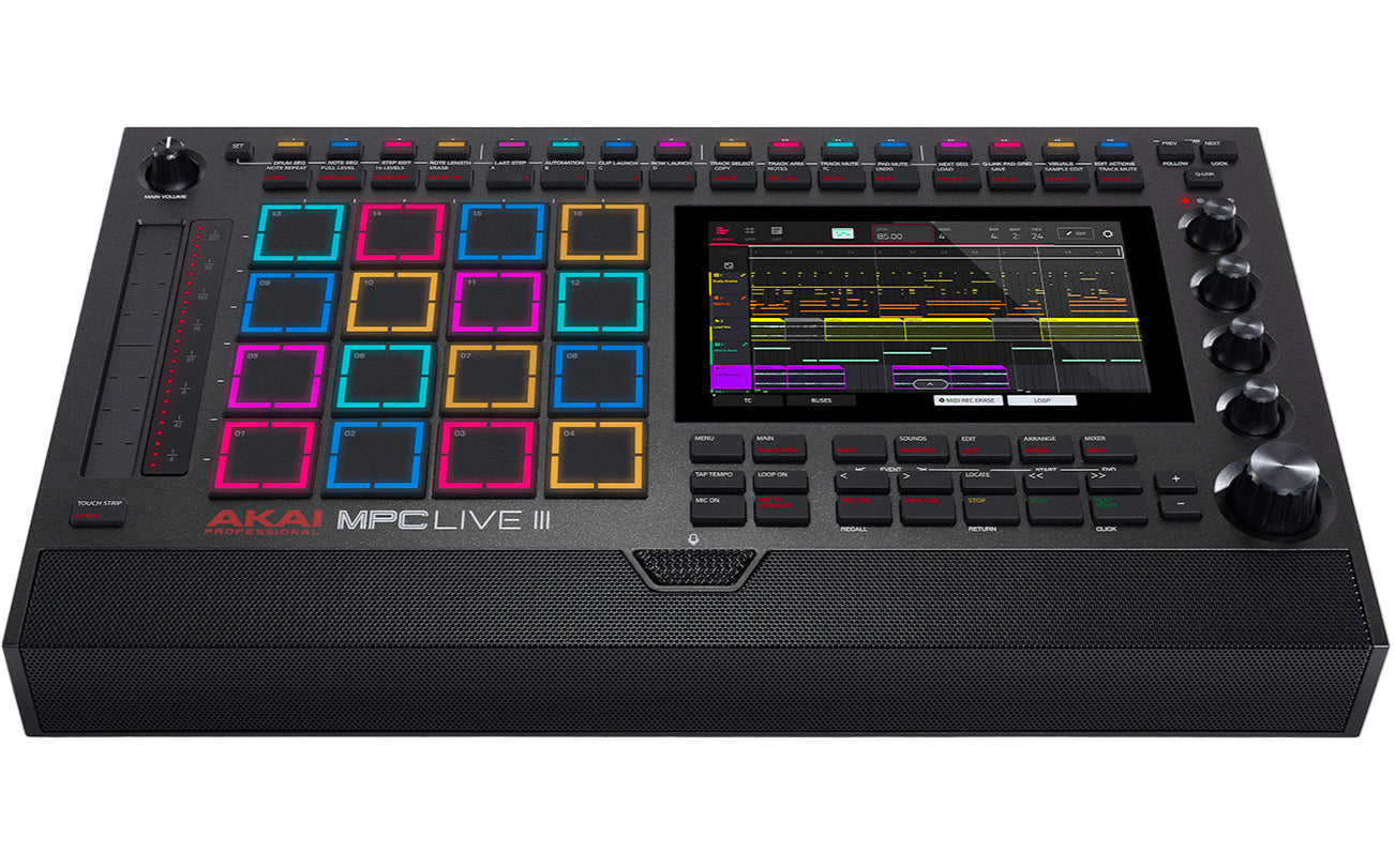 Akai Professional MPC Live III drum machine and sampler with touchscreen interface, jog wheel, and control buttons.