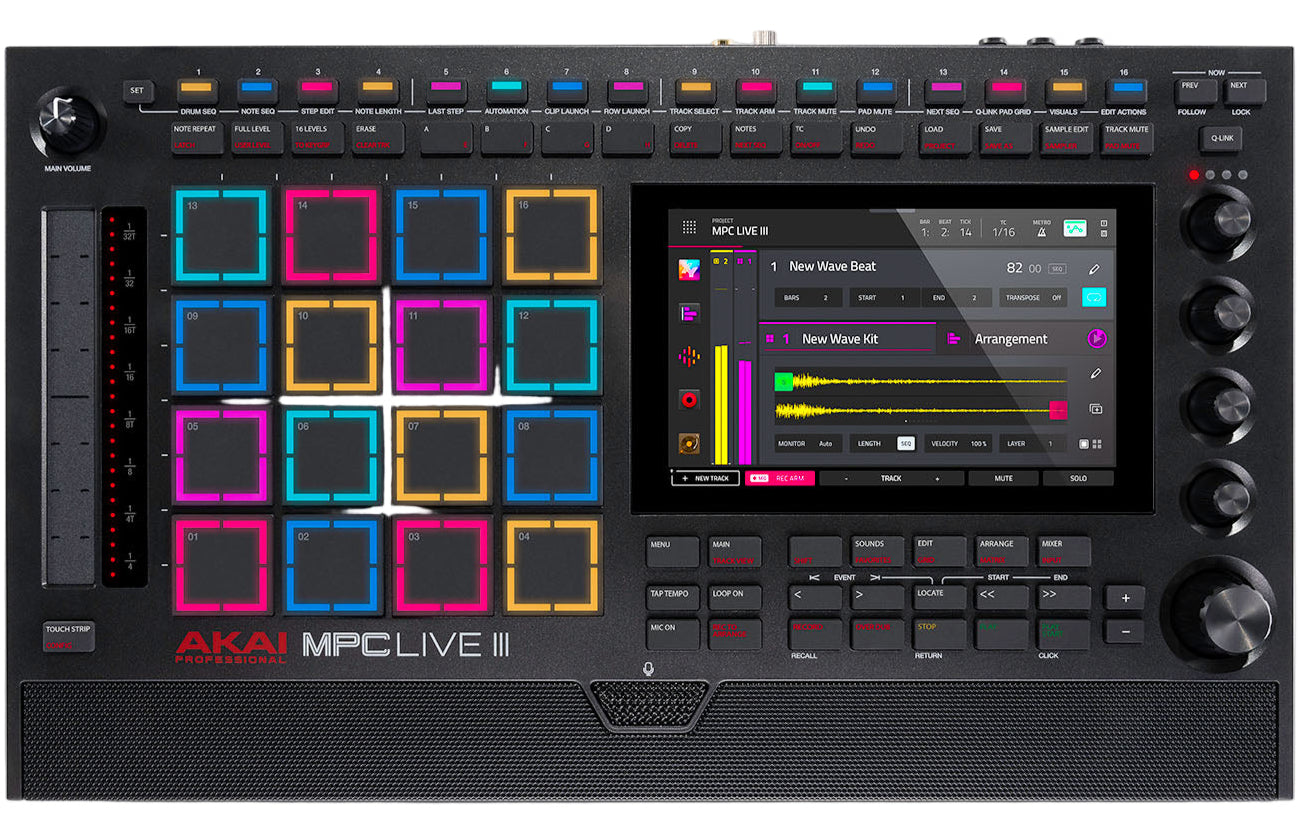 Top view of the Akai Professional MPC Live III drum machine and sampler with its touchscreen, pads, and control knobs.