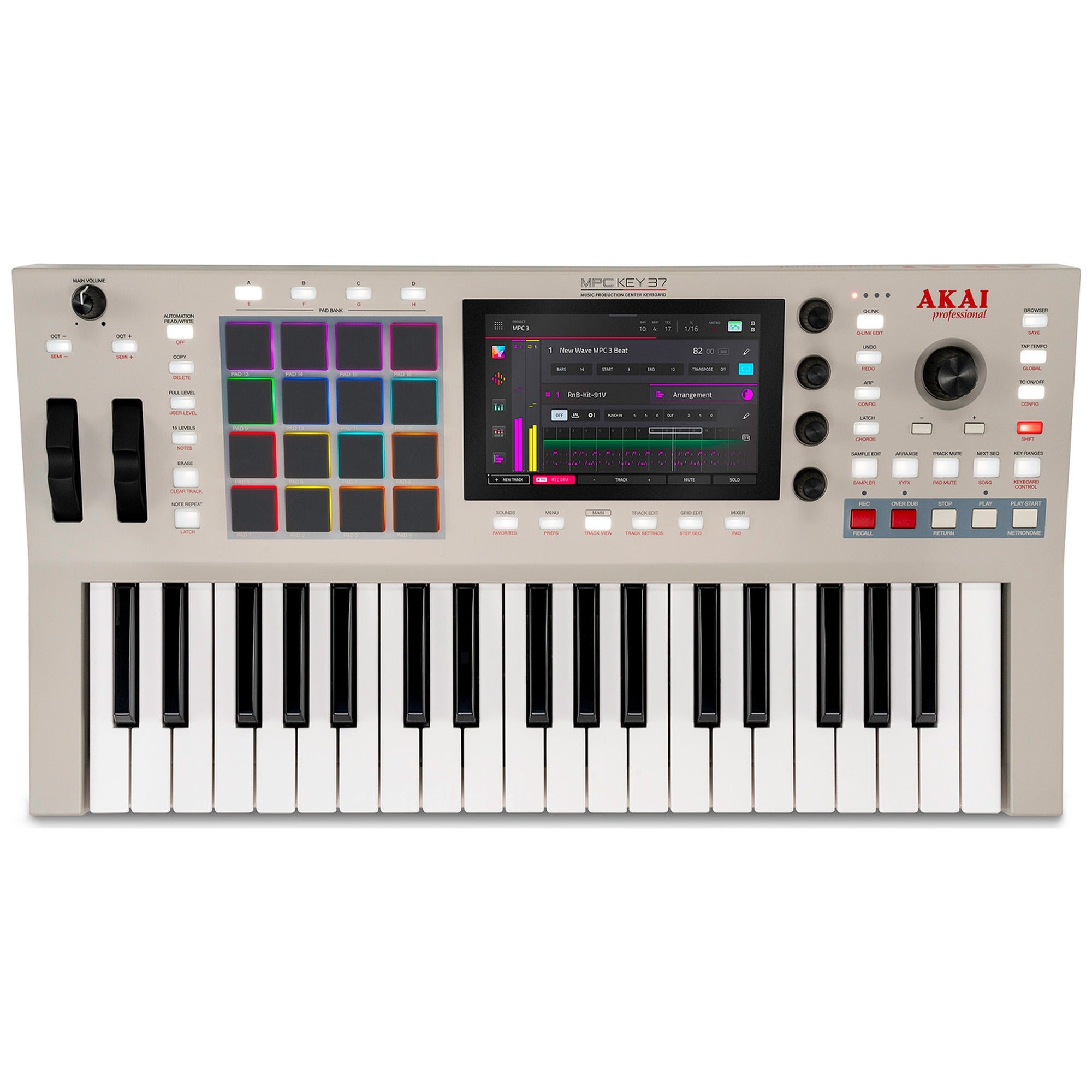 Akai Professional MPC Key 37 G2, top-down view of keybed, pads and touchscreen