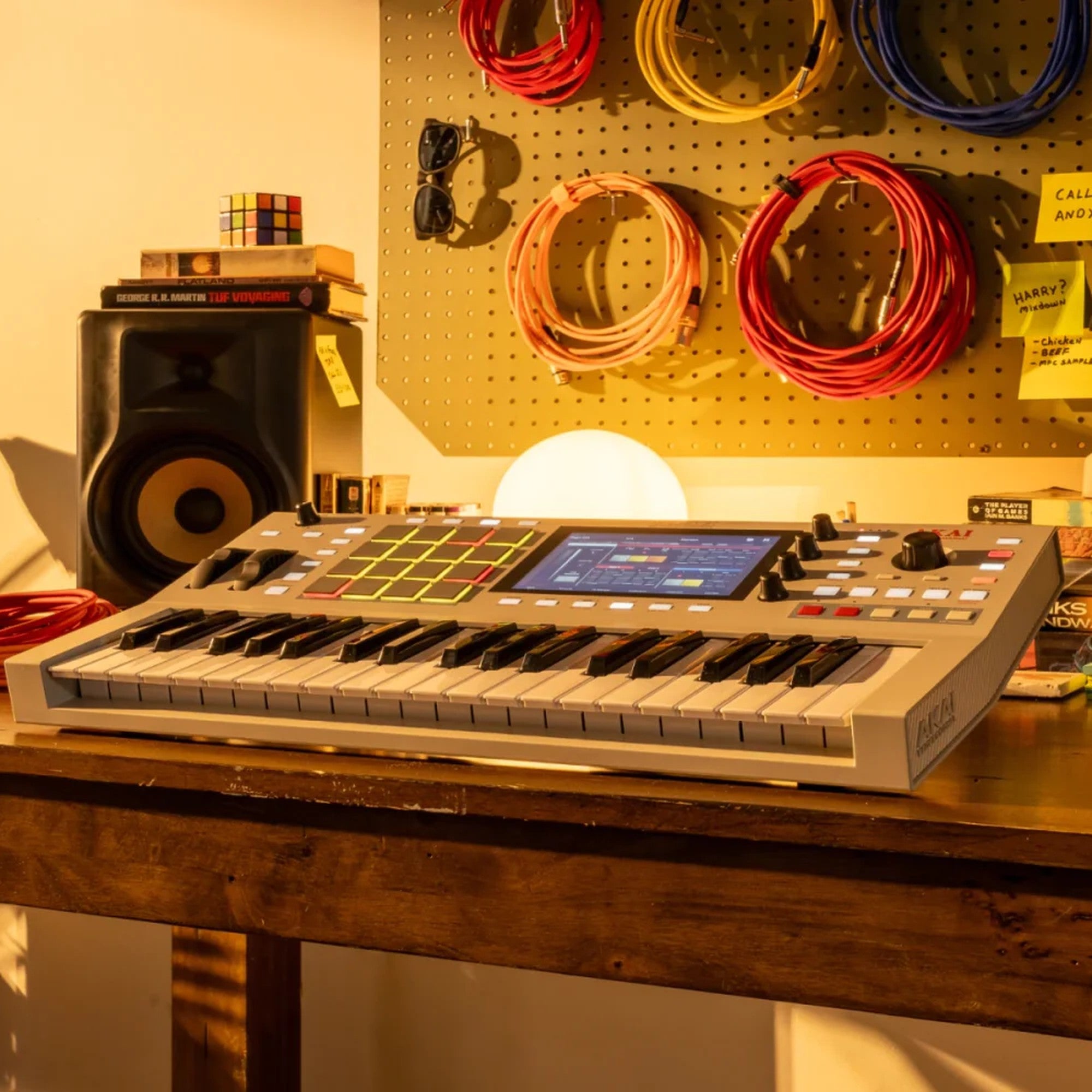 Akai Professional MPC Key 37 G2 on a wooden studio desk with a patch-cable pegboard