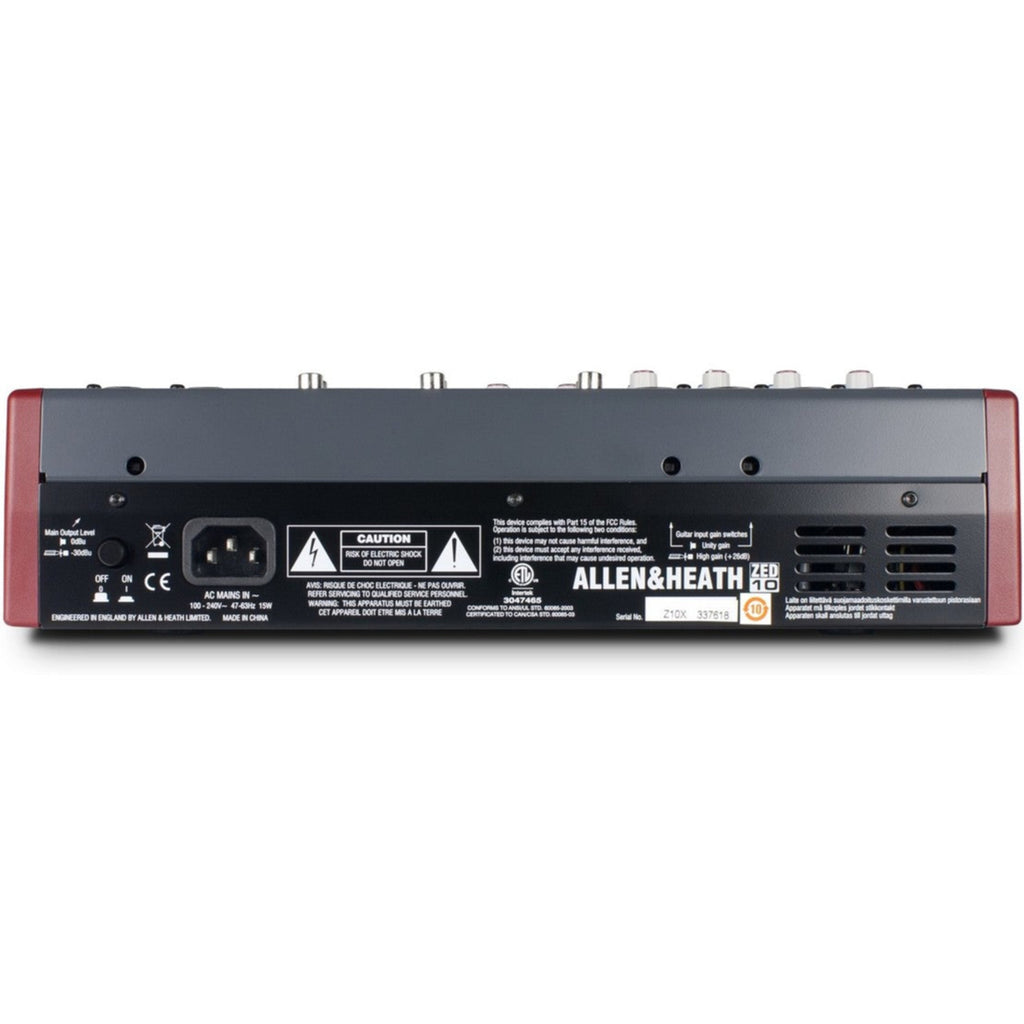 Allen & Heath ZED-10 analog mixer with multiple input channels, knobs, and sliders for audio control.