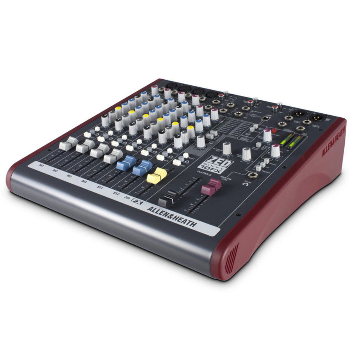 Allen & Heath ZED60-10FX analog mixer with multiple input channels, EQ controls, and built-in effects for live sound and recording.