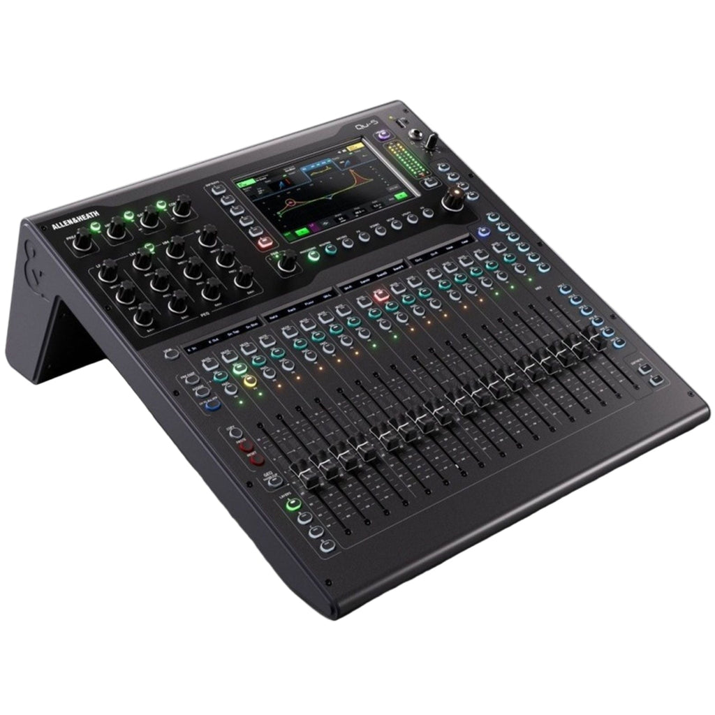 Allen & Heath Qu-5 digital mixer with right-angle connector, featuring multiple input channels and control knobs for professional audio mixing.