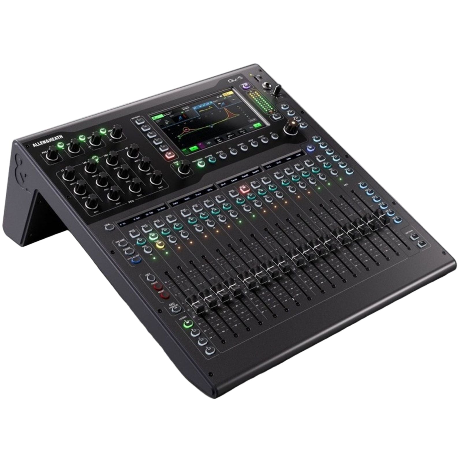 Allen & Heath Qu-5D digital mixer with Dante interface, showing various knobs and input channels from an angled view.