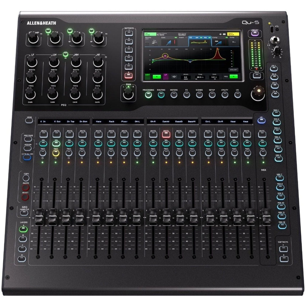 Allen & Heath Qu-5D digital mixer with Dante interface, featuring a sleek control surface and multiple input/output options.