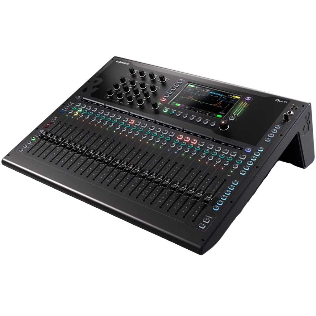 Allen & Heath Qu-6 digital mixer with angled view, featuring multiple input knobs, screens, and control buttons for professional audio mixing.