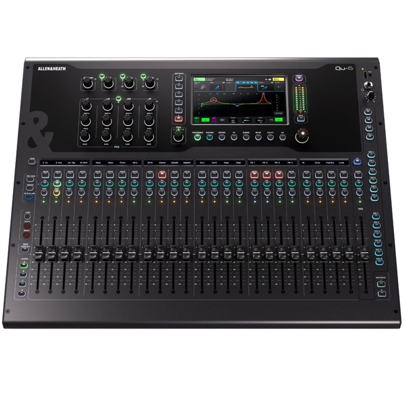 Allen & Heath Qu-6 digital mixer with control knobs, touchscreen display, and input/output ports on top panel.