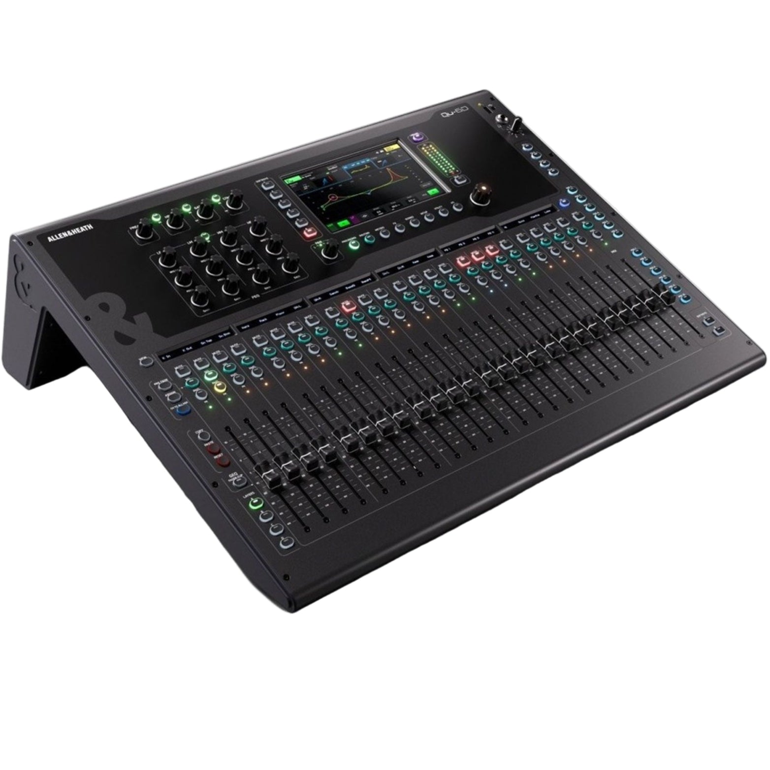 Allen & Heath Qu-6D digital mixer with multiple input and output channels, angled view showing control panels and connectivity.