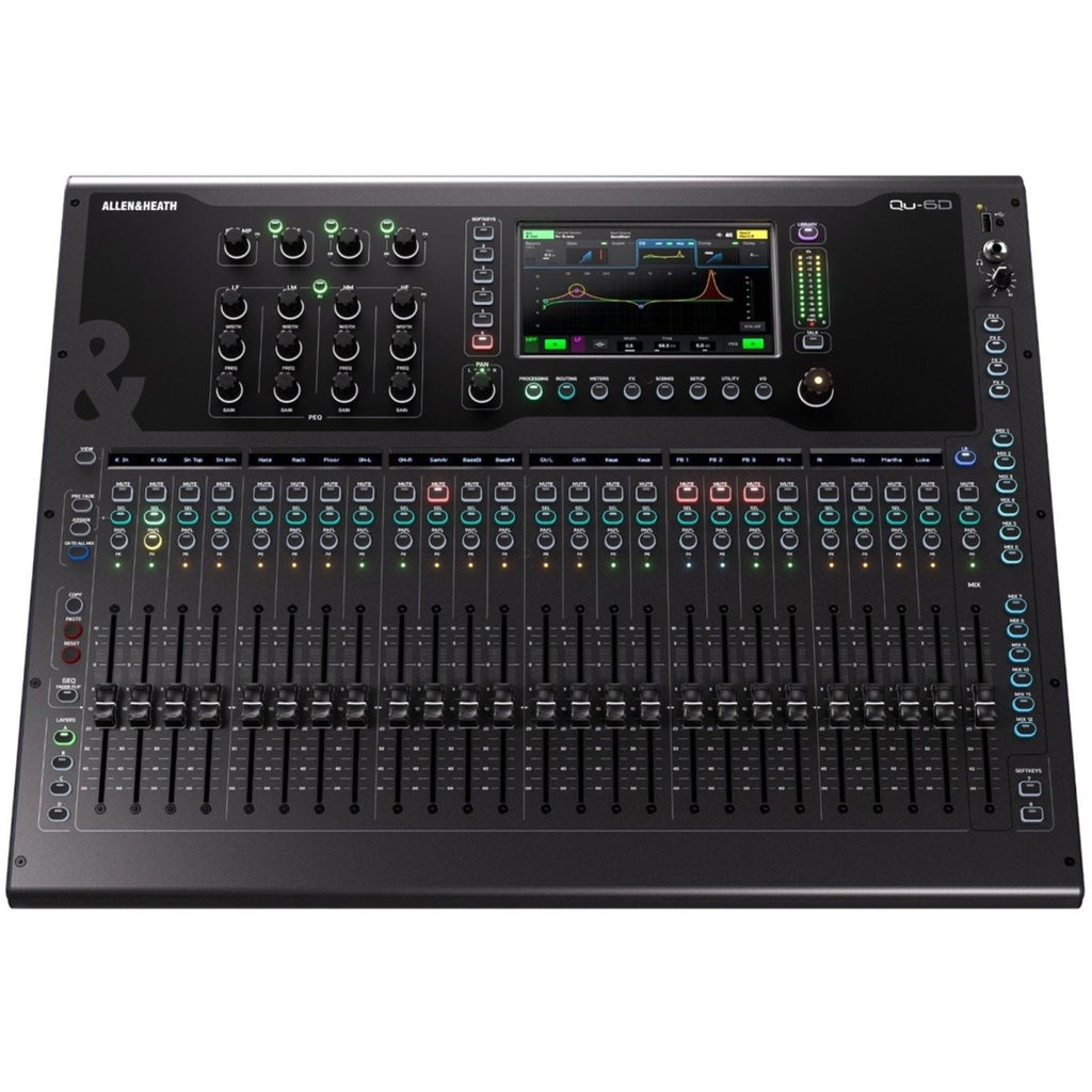Allen & Heath Qu-6D digital mixer with Dante interface, showing top panel with controls and input/output connections.