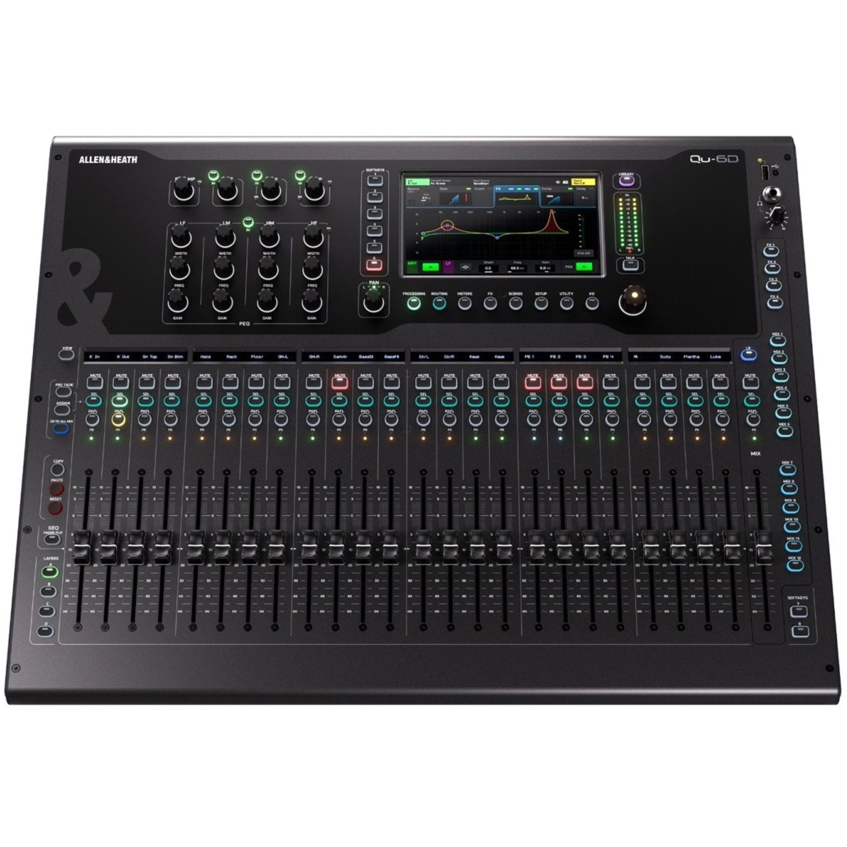 Allen & Heath Qu-6D digital mixer with Dante interface, showing top panel with controls and input/output connections.