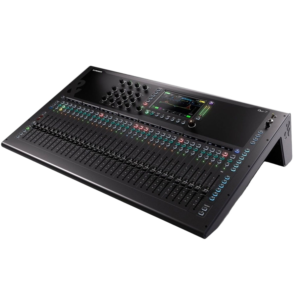 Allen & Heath Qu-7 digital mixer with multiple knobs and touchscreen controls, shown at an angle.