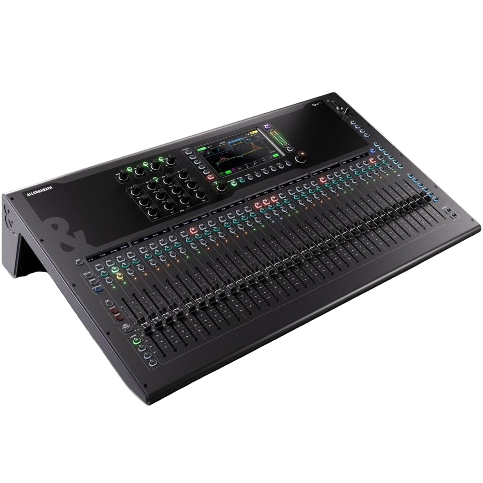 Allen & Heath Qu-7 digital mixer with multiple knobs and faders, shown from an angled side view.