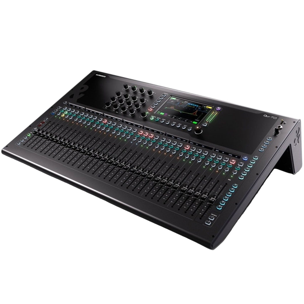 Allen & Heath Qu-7D digital mixer with Dante audio interface, angled view showing multiple input controls and display screen.
