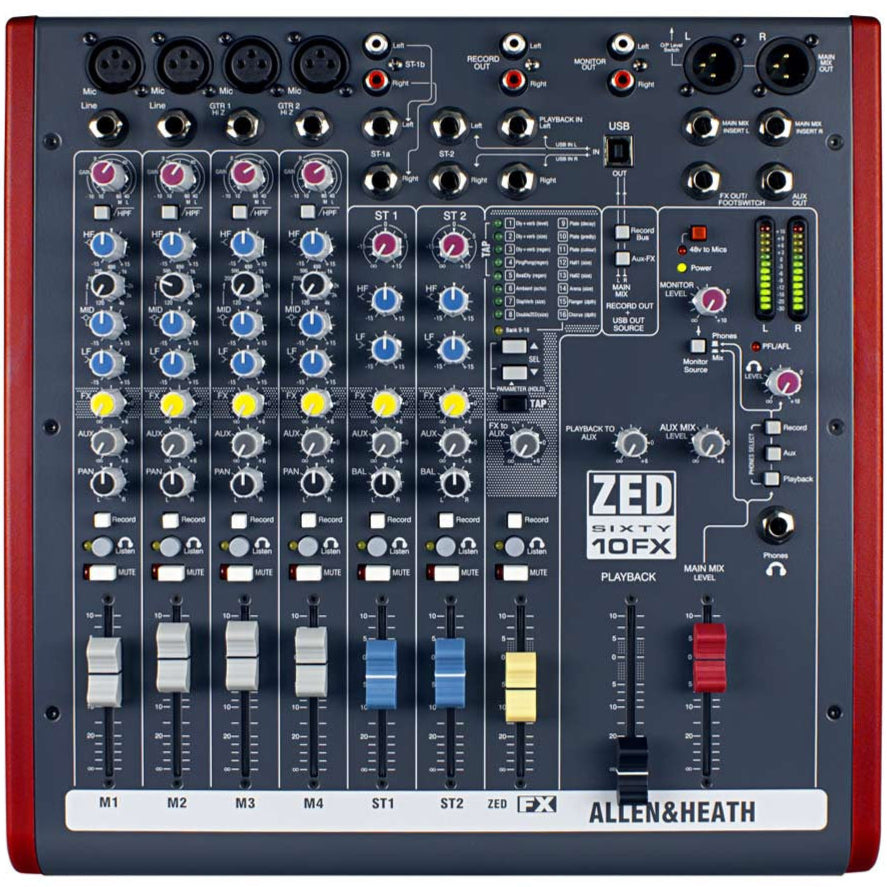 Allen & Heath ZED60-10FX analog mixer with multiple input channels, knobs, and integrated effects for live sound and recording.