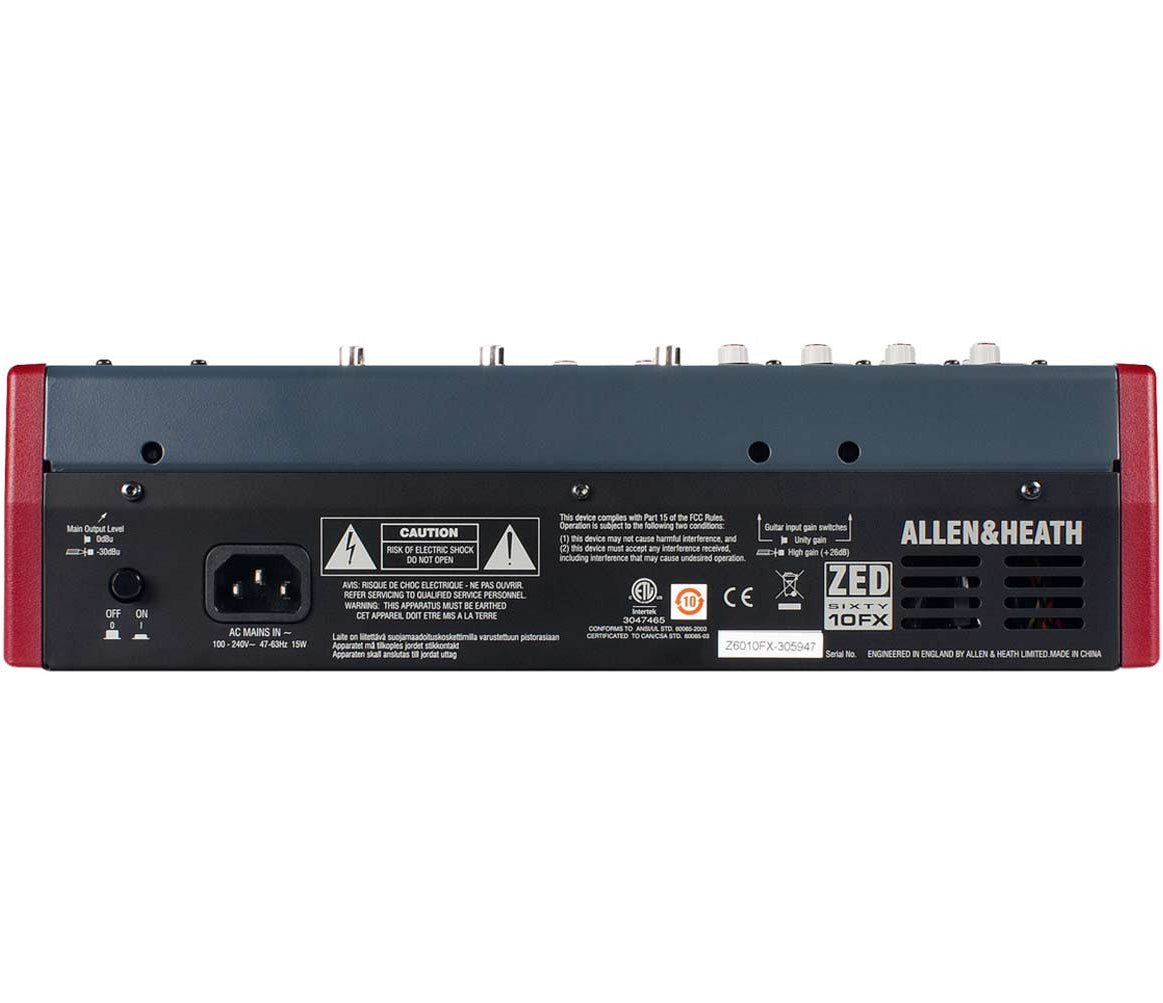 Allen & Heath ZED60-10FX analog mixer with multiple input channels, knobs, and faders for audio mixing.