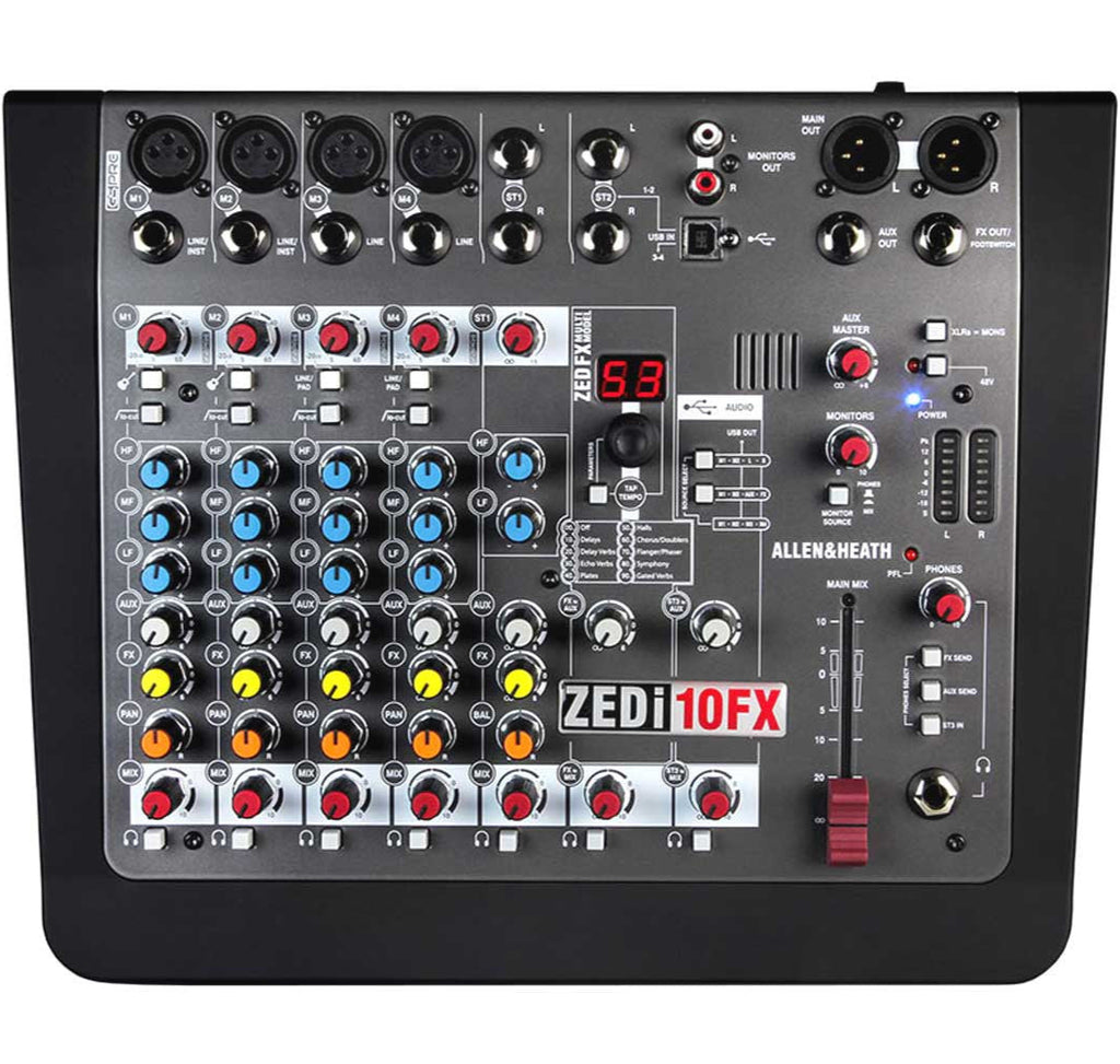 Allen & Heath ZEDi-10FX analog mixer with multiple input channels, knobs, and built-in effects for live sound and recording.