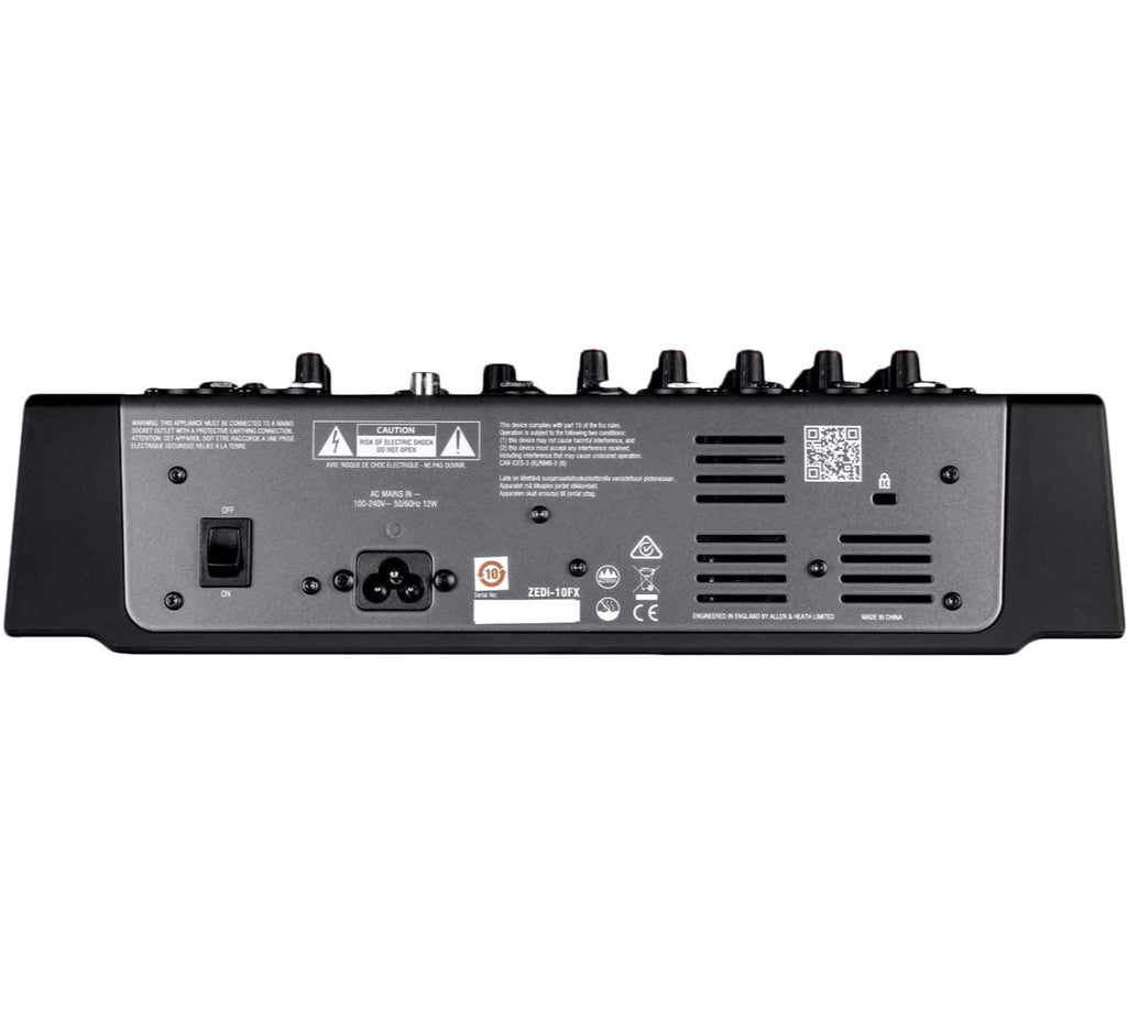 Allen & Heath ZEDi-10FX analog mixer with multiple input channels and built-in effects, shown in a close-up view.