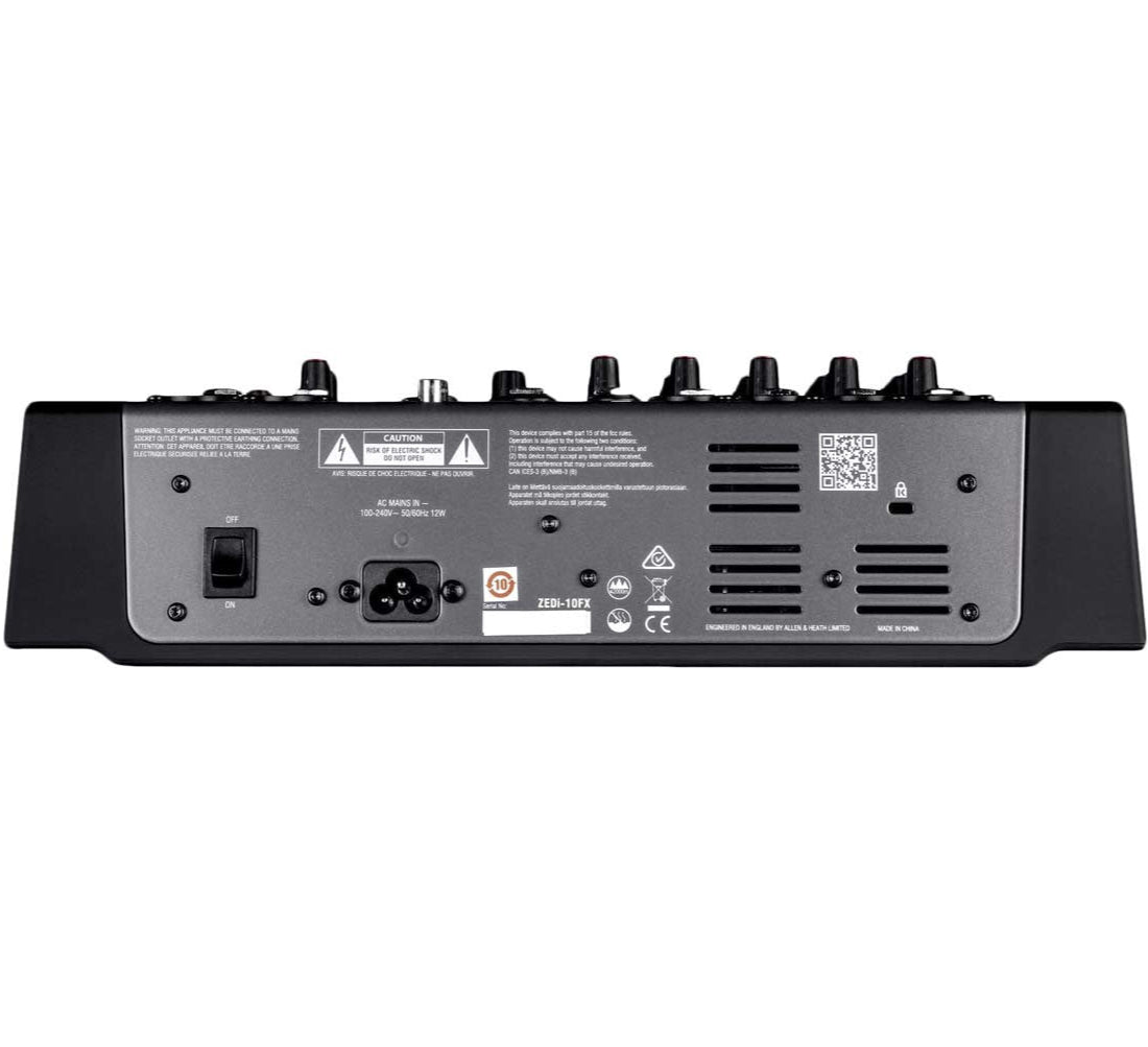 Allen & Heath ZEDi-10FX analog mixer with multiple input channels and built-in effects, shown in a close-up view.