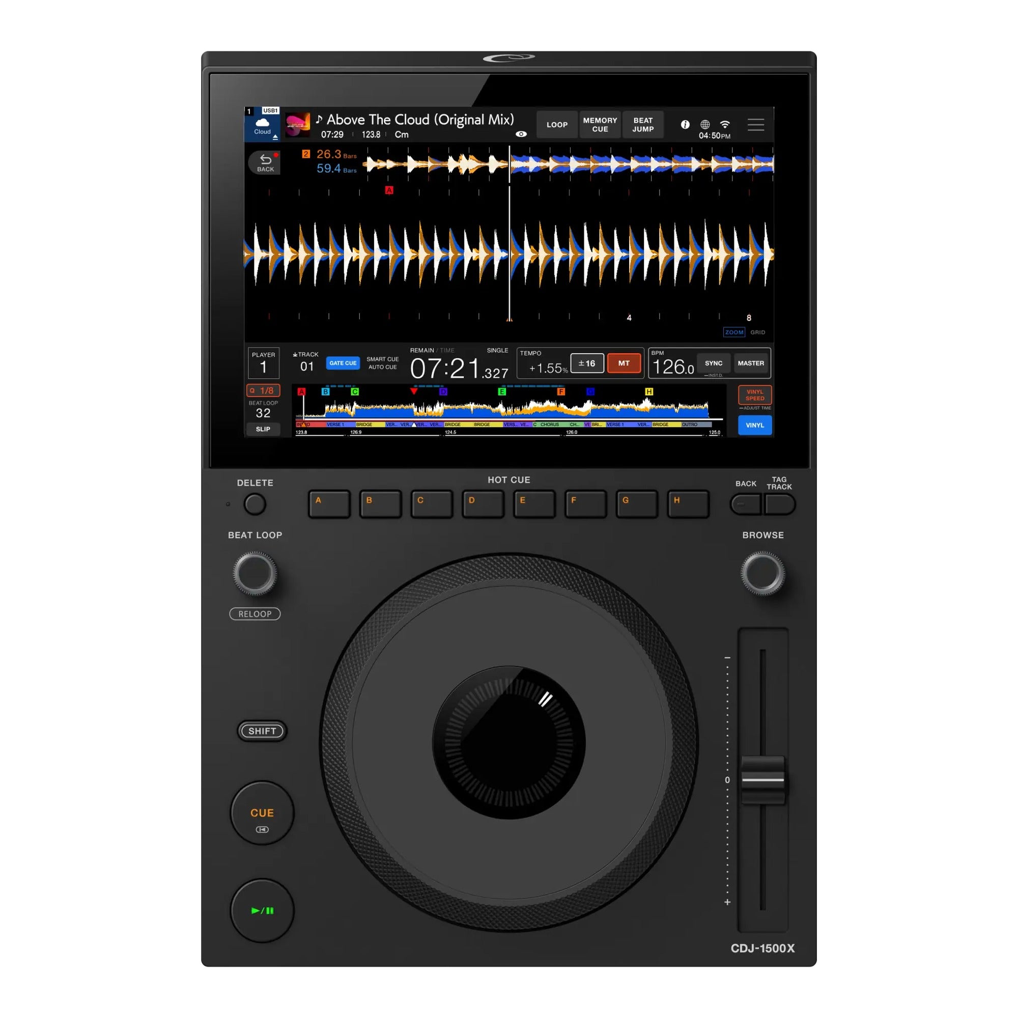AlphaTheta CDJ-1500X, front view with 10.1-inch touchscreen on white background