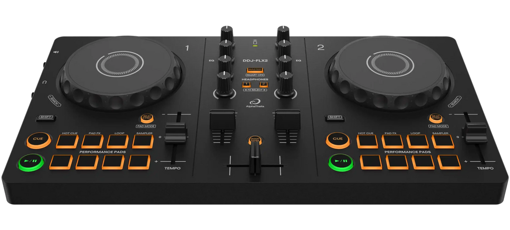 AlphaTheta DDJ-FLX2 2-channel DJ controller, front view, angled view