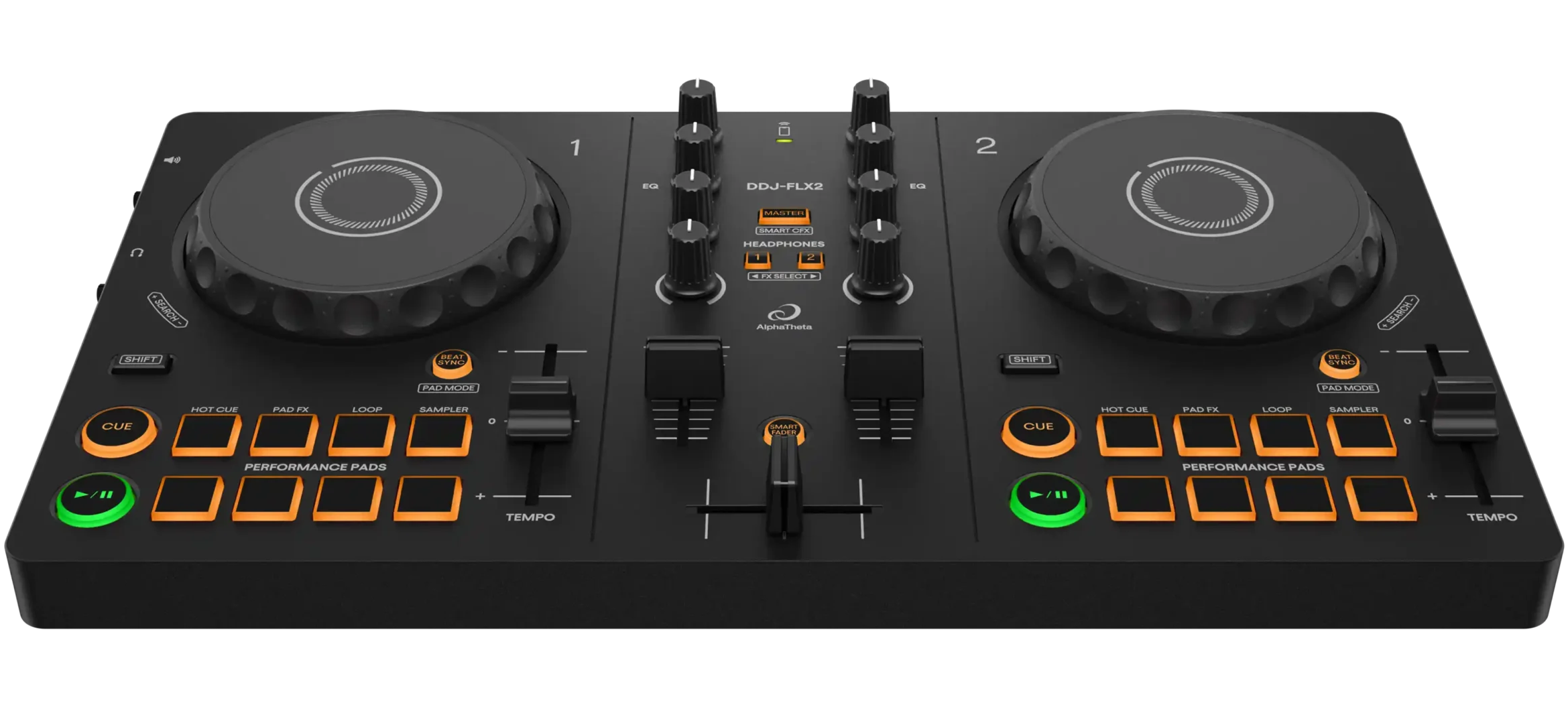 AlphaTheta DDJ-FLX2 2-channel DJ controller, front view, angled view