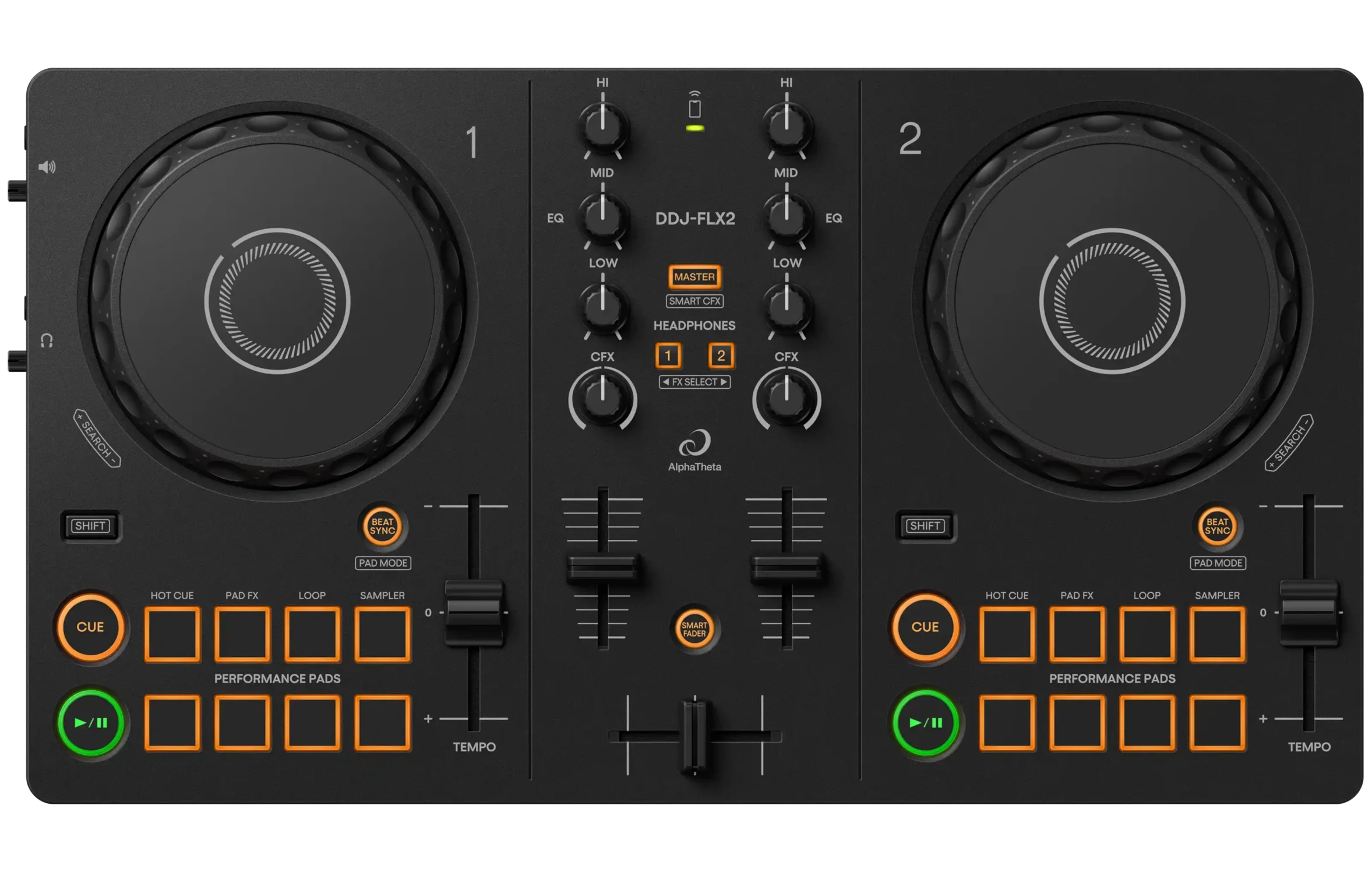 AlphaTheta DDJ-FLX2 2-channel DJ controller, top view