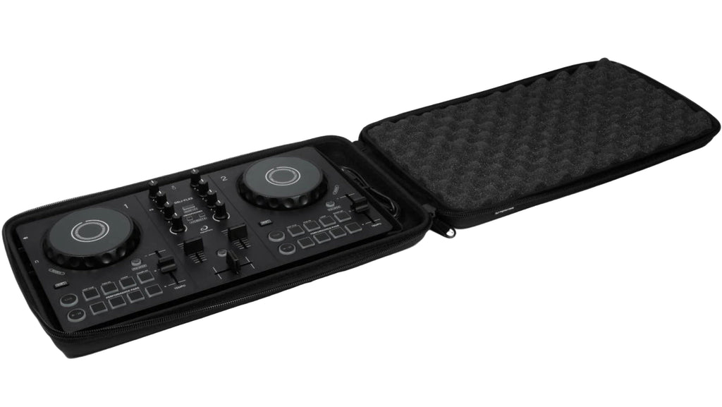 Open AlphaTheta DJC-FLX2 DJ hard case designed for DDJ-FLX2, showing interior foam padding and secure storage for DJ equipment.