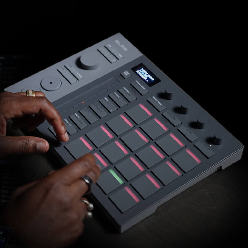 AlphaTheta SLAB MIDI controller featuring colorful pad buttons, designed for use with Serato DJ software.