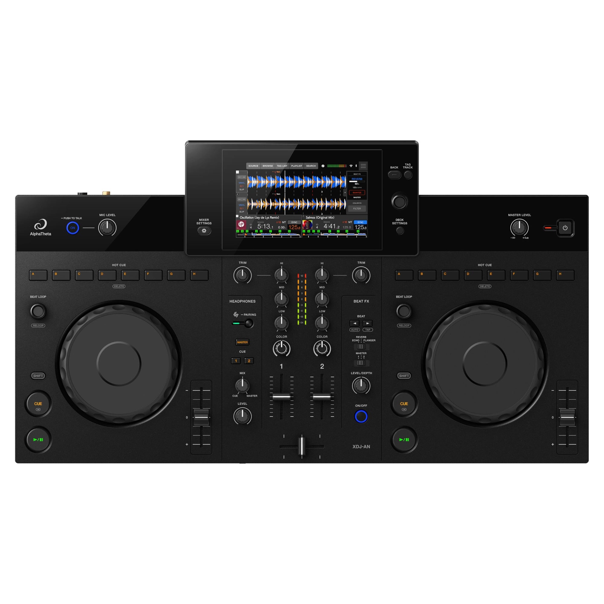 AlphaTheta XDJ-AN, top-down view of decks and mixer on white background