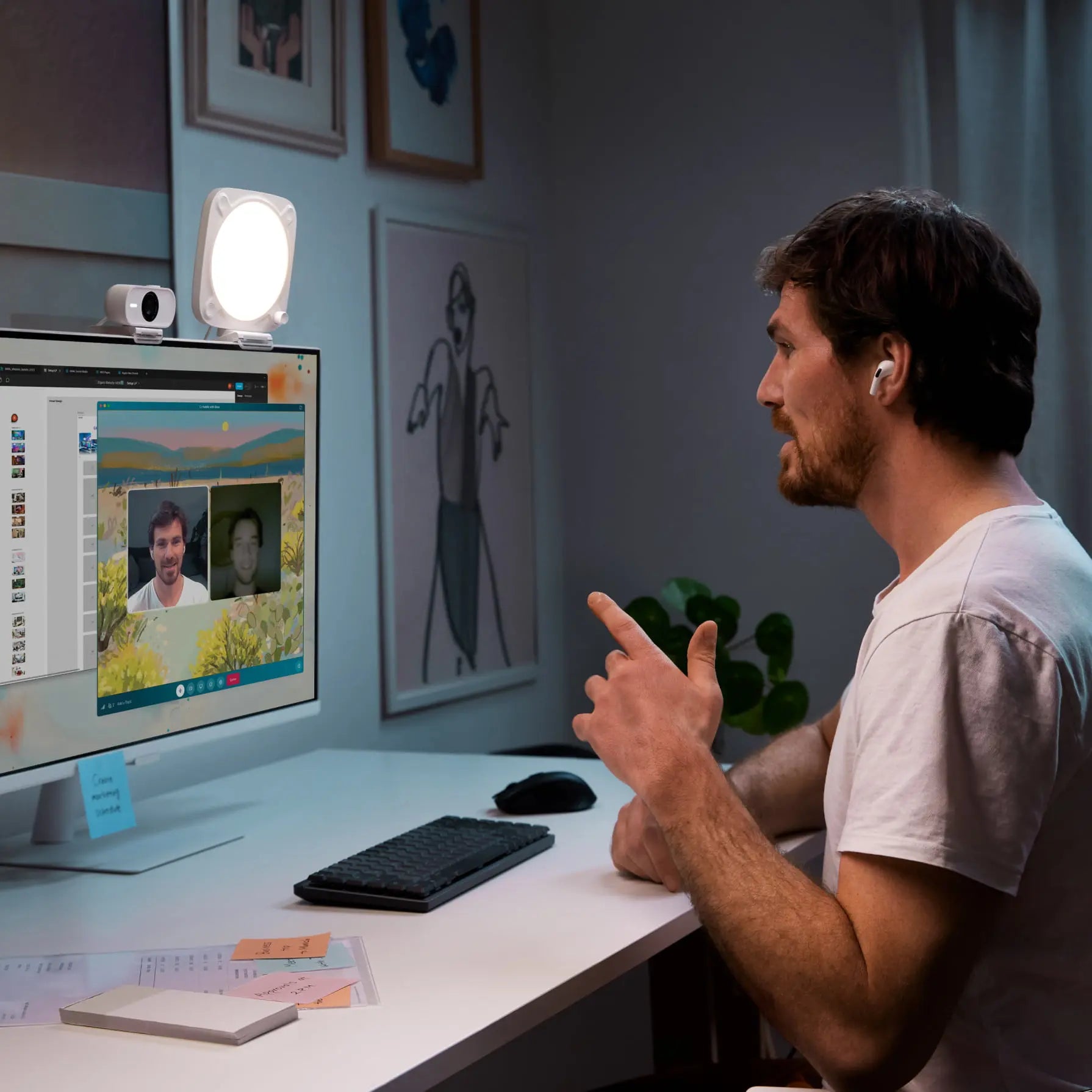 Elgato Key Light Neo bi-color LED light on a desk, adjustable brightness and color for professional streaming or video calls