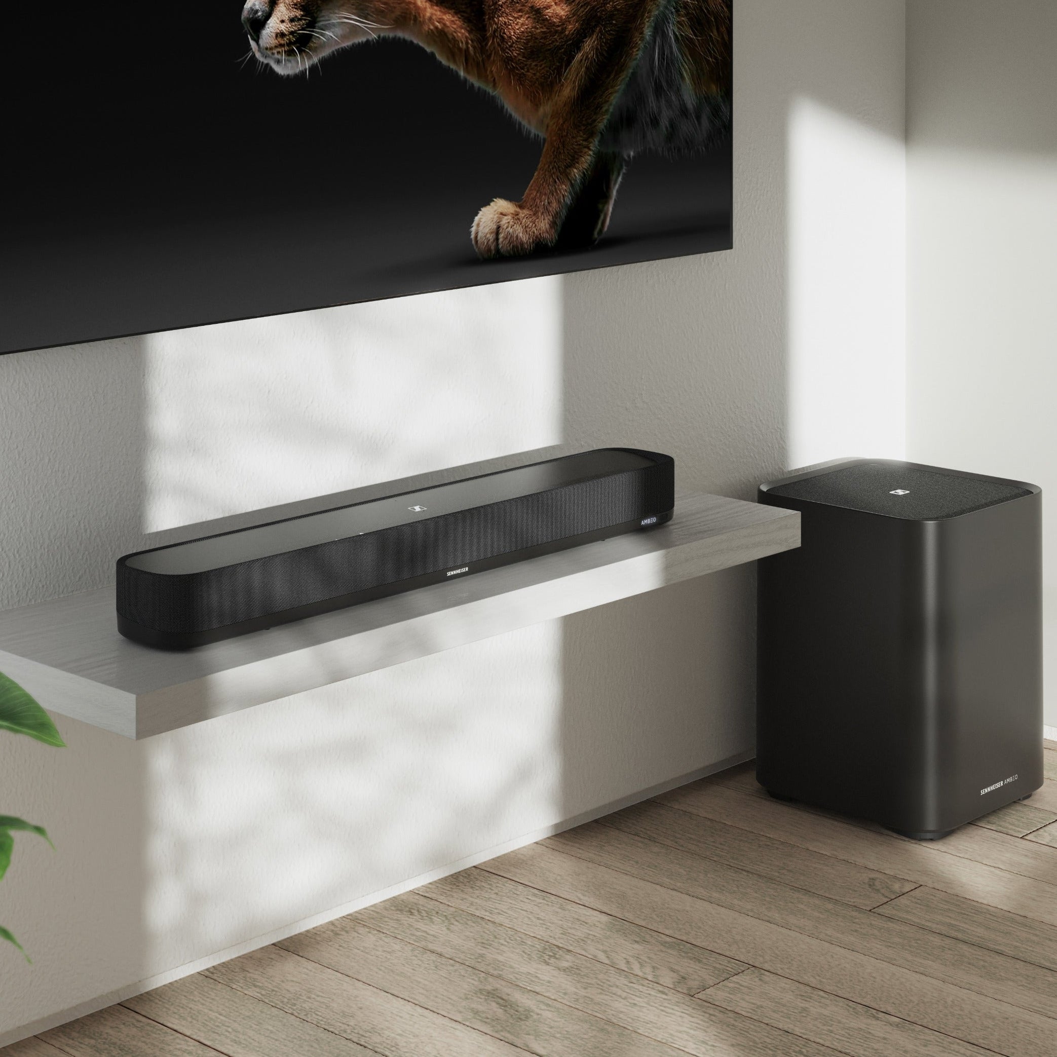 Sennheiser Ambeo Soundbar Mini for TV, compact audio speaker with sleek design and RGB lighting accents.