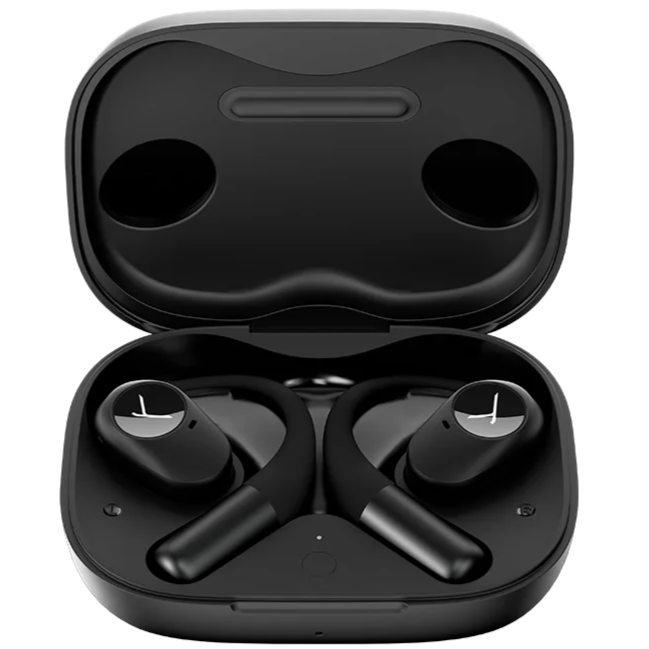 Beyerdynamic Amiron 200 wireless in-ear headphones in black with open-ear design, detailed close-up view.