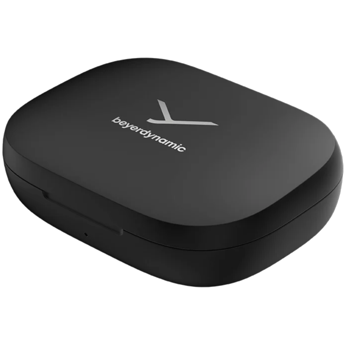Beyerdynamic Amiron 200 wireless in-ear headphones in black with open-ear design and carrying case.