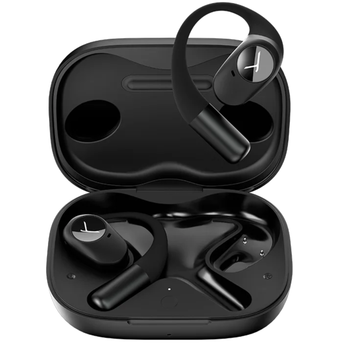 Beyerdynamic Amiron 200 wireless in-ear headphones in black with open-ear design, shown from a perspective view.