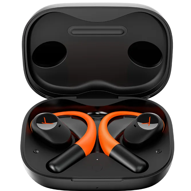 Beyerdynamic Amiron 200 wireless in-ear headphones with open-ear design, shown in open case.