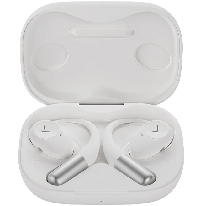 White Beyerdynamic Amiron 200 wireless in-ear headphones with open-ear design, showcasing sleek earbuds and audio cables.