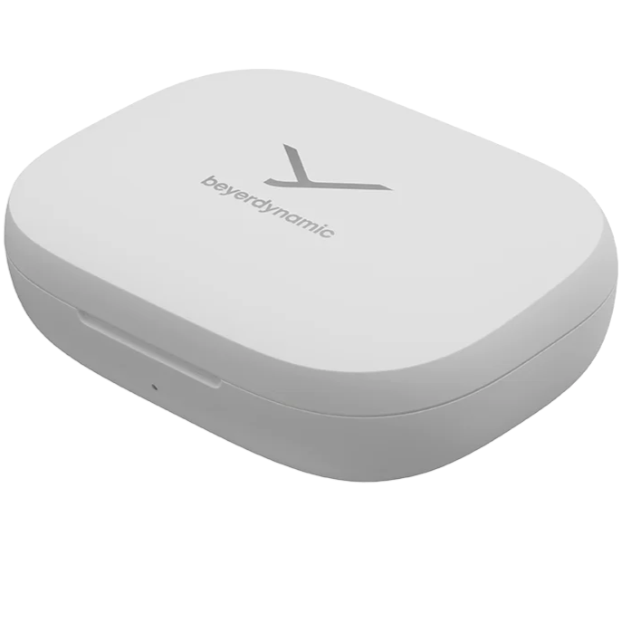 Beyerdynamic Amiron 200 wireless in-ear headphones in white with open-ear design, shown with charging case.