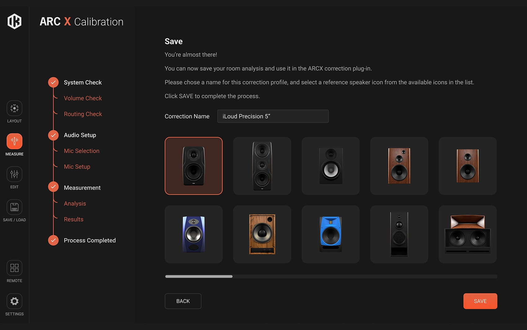 IK Multimedia ARC X virtual processor plugin interface showing measurement tools and control panels for audio calibration.