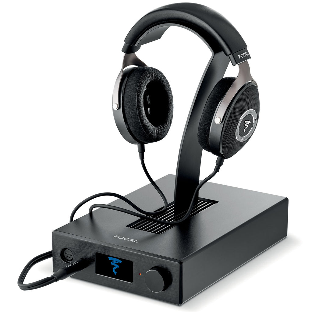 Focal Elear high-fidelity over-ear headphones with sleek design, shown with an Arche amplifier and DAC for premium sound quality.