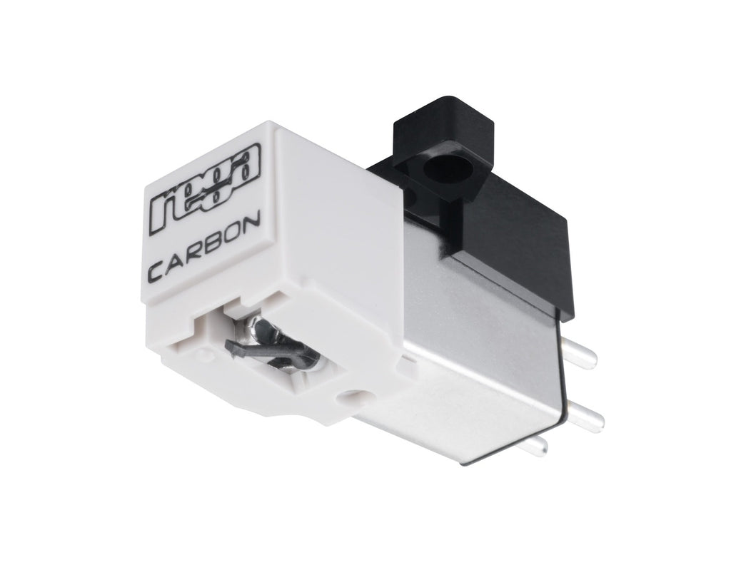 Rega Carbon turntable cartridge with black body and stylus, designed for high-quality audio playback on Rega turntables.