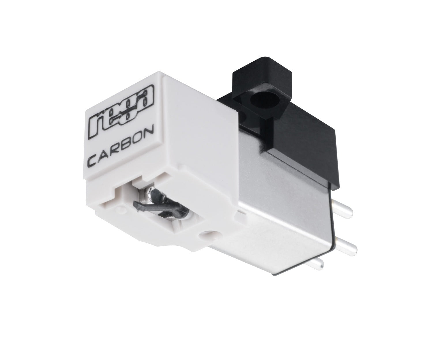 Rega Carbon turntable cartridge with black body and stylus, designed for high-quality audio playback on Rega turntables.
