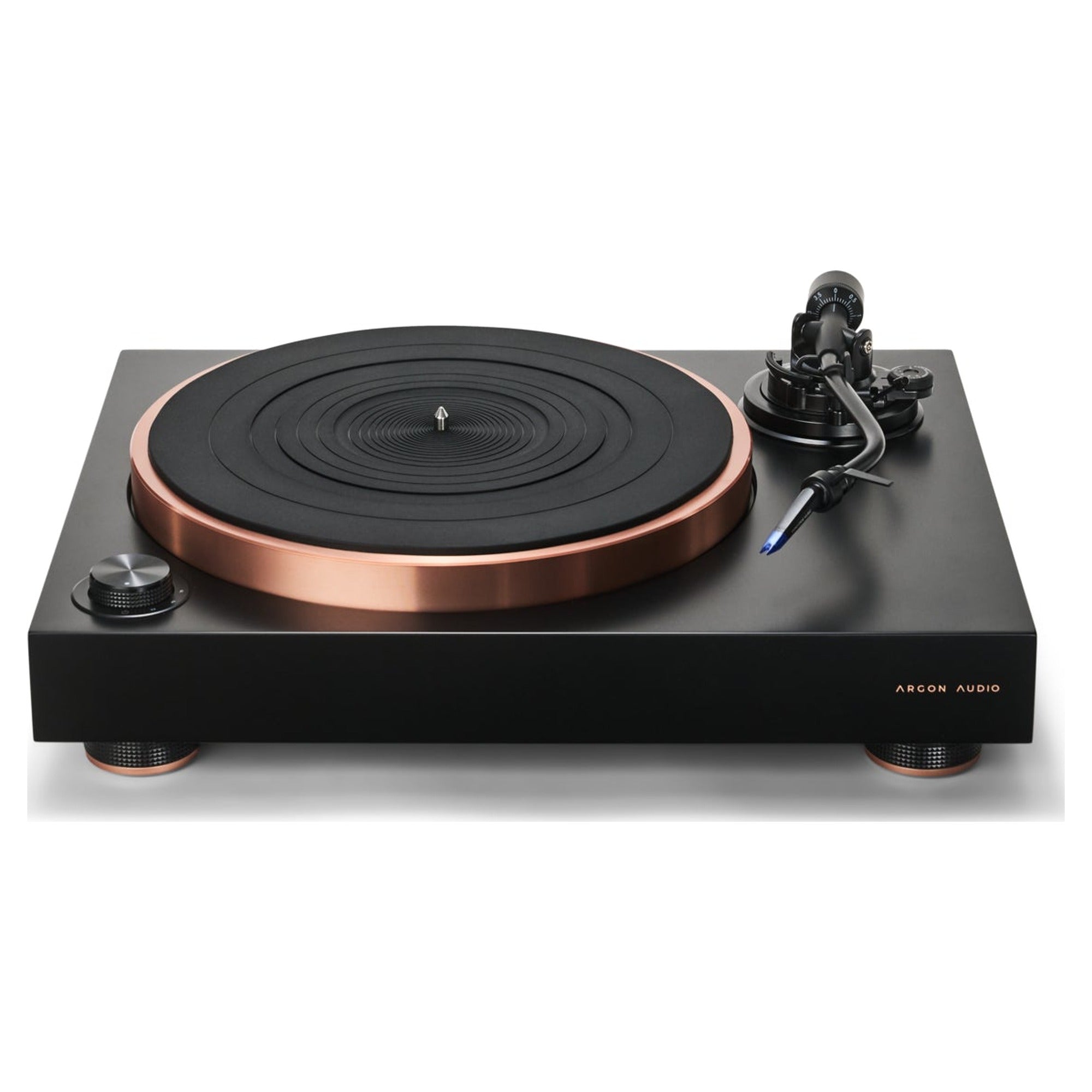 Argon Audio AURORA turntable, matt black, front three-quarter view